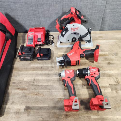 HOUSTON LOCATION - AS-IS Milwaukee M18 18-Volt Lithium-Ion Brushless Cordless Combo Kit (4-Tool) with 2-Batteries, 1-Charger and Tool Bag