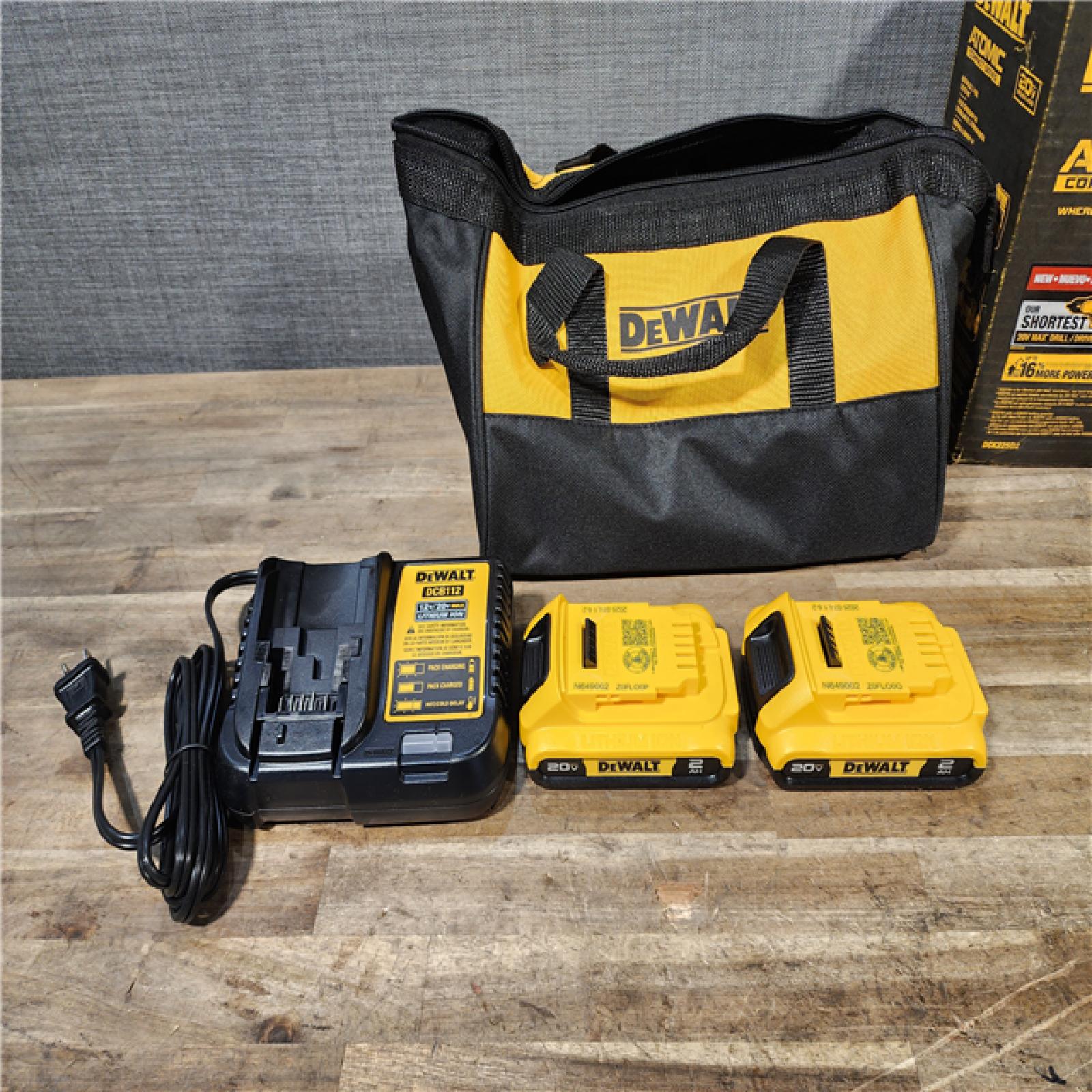 HOUSTON LOCATION - AS-IS Dewalt DCK225D2 20V MAX ATOMIC Brushless Compact Lithium-Ion 1/2 in. Cordless Drill Driver and 1/4 in. Impact Driver Combo Kit with 2 Batteries 2 Ah