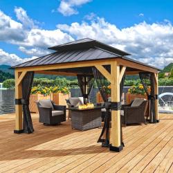 Phoenix NEW JOYSIDE 13 ft. x 11 ft. Outdoor Patio Cedar Wood Frame Hardtop Gazebo with Double Galvanized Steel Roof and Mosquito Netting