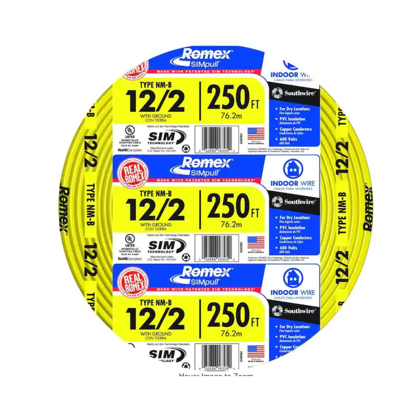 DALLAS LOCATION - Southwire 250 ft. 12/2 Solid Romex SIMpull CU NM-B W/G Wire PALLET-(18 UNITS)