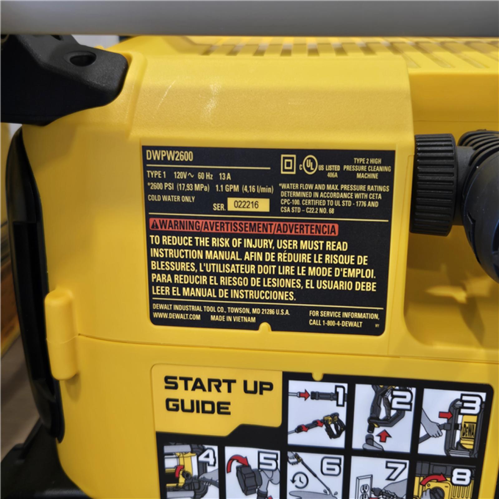 AS-IS DEWALT 2600 PSI 1.1 GPM Cold Water Electric Pressure Washer