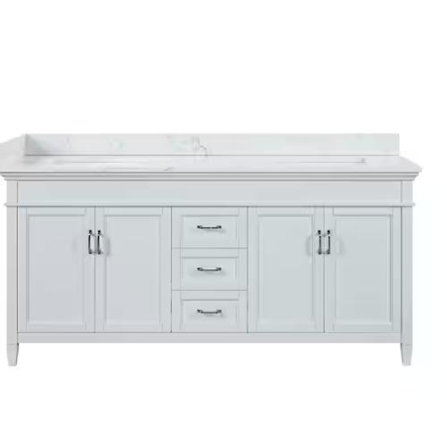 DALLAS LOCATION -  Home Decorators Collection Ashburn 73 in W x 22 in D x 39 in H Double Sink Freestanding Bath Vanity in White w/ Carrara Marble Engineered Stone Top