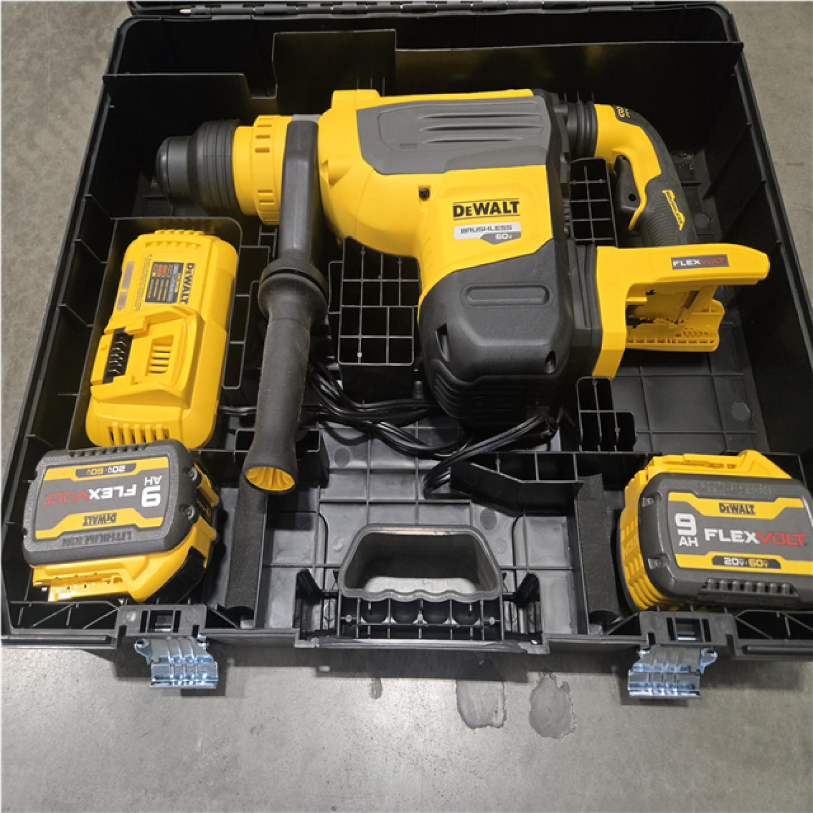 As-Is- 60V FLEXVOLT Cordless Brushless 1-7/8 in. SDS Max Rotary Hammer Kit  (2) 9.0Ah Batteries  Charger and Kit Box