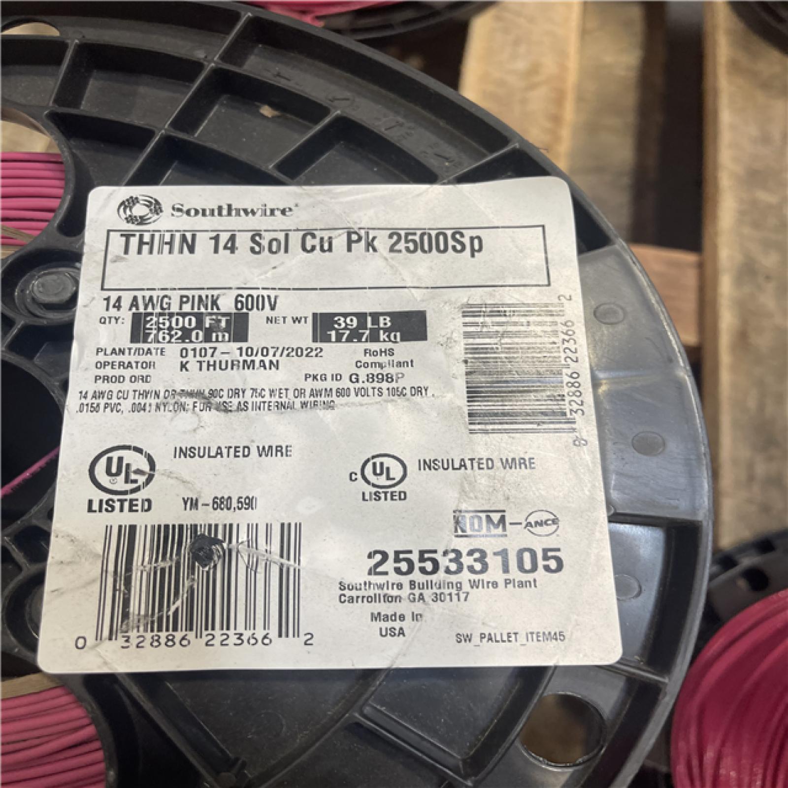 DALLAS LOCATION- Southwire 2500 ft. 14 Pink Solid CU THHN Wire PALLET-(SEE NOTES)