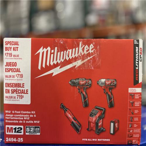 NEW! - Milwaukee M12 12V Lithium-Ion Cordless Combo Kit with Two 2.0Ah Batteries, Charger and Bag (5-Tool)