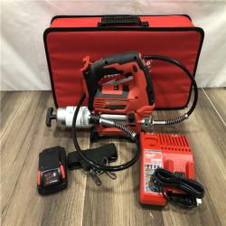 AS-IS Milwaukee 18V Lithium-Ion Cordless Grease Gun 2-Speed with (1) 1.5Ah Batteries  Charger  Tool Bag