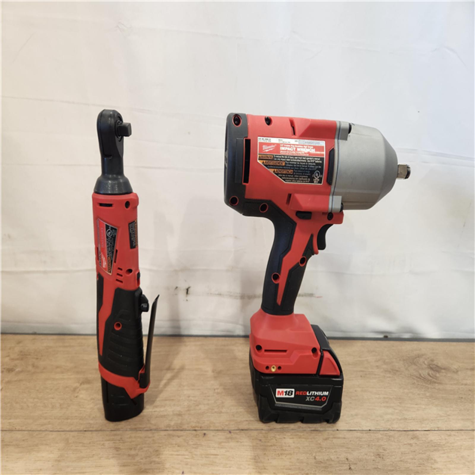 AS-IS- Milwaukee 12/18V Lithium-Ion Cordless 3/8 in. Ratchet and 1/2 in. High Torque Impact Wrench with Friction Ring Combo Kit