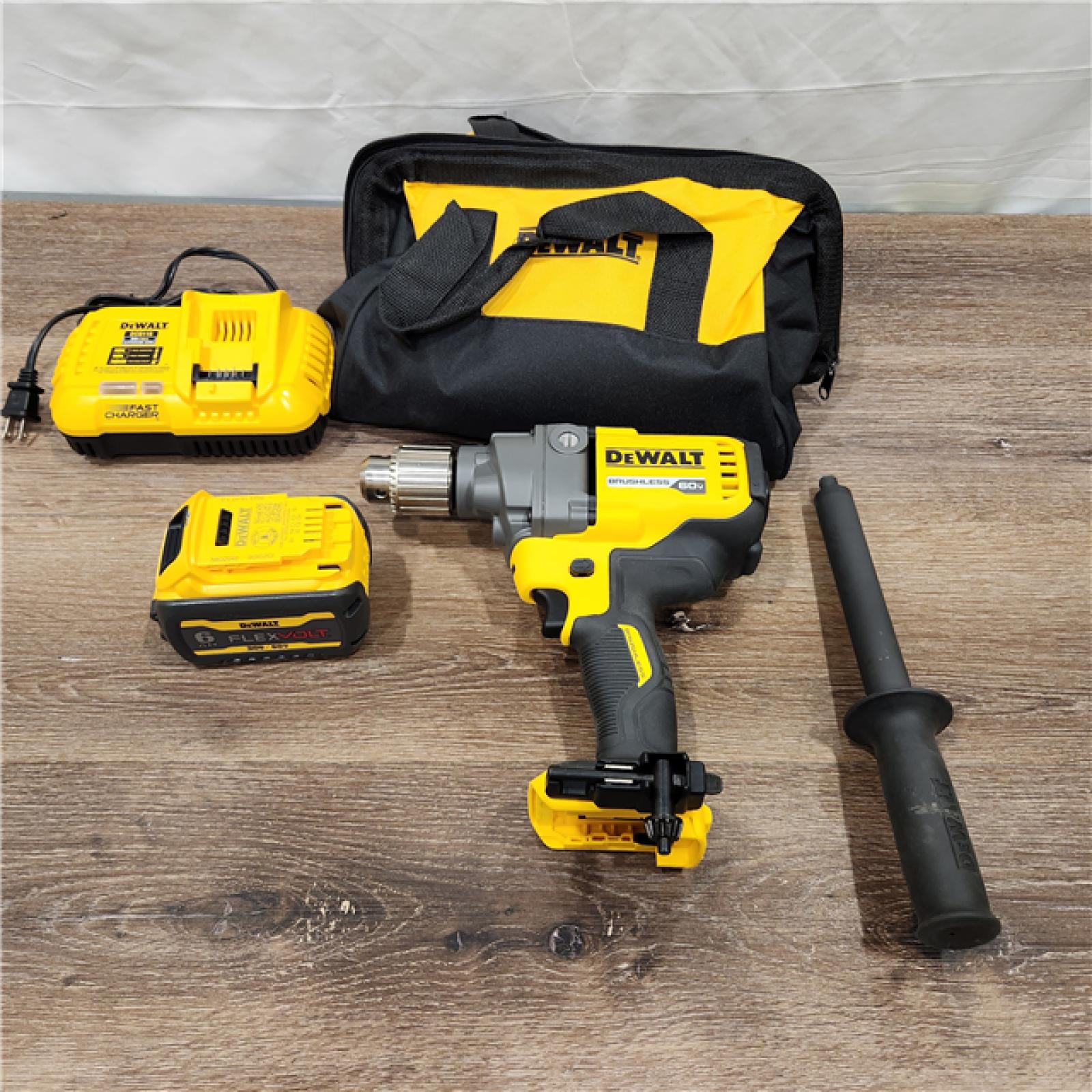 AS-IS DeWalt FLEXVOLT 60-Volt MAX Lithium-Ion Cordless Brushless 1/2 in. Mixer/Drill with E-Clutch with Battery 6.0Ah, Charger & Bag