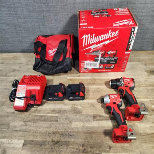 HOUSTON LOCATION - AS-IS Milwaukee M18 18V Lithium-Ion Brushless Cordless Compact Drill/Impact Combo Kit (2-Tool) W/(2) 2.0 Ah Batteries, Charger & Bag