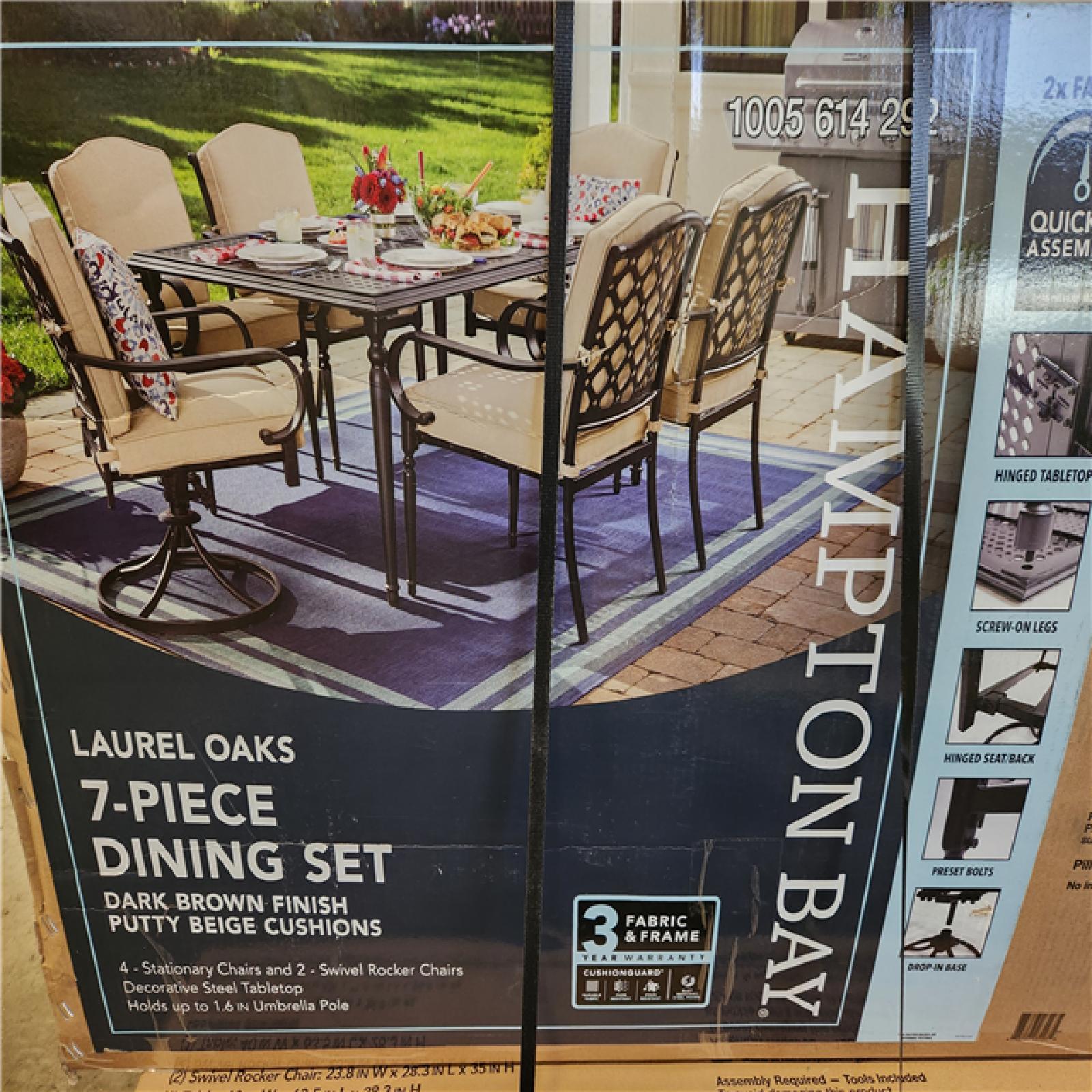 Phoenix NEW Hampton Bay Laurel Oaks Dark Brown 7-Piece Metal Outdoor Dining Set with Cushion Guard Putty Cushions