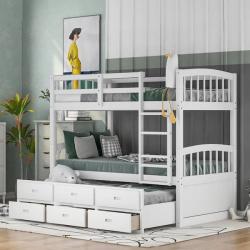 Phoenix NEW Harper & Bright Designs White Chamblee Twin over Twin Bunk Bed with Trundle and Drawers