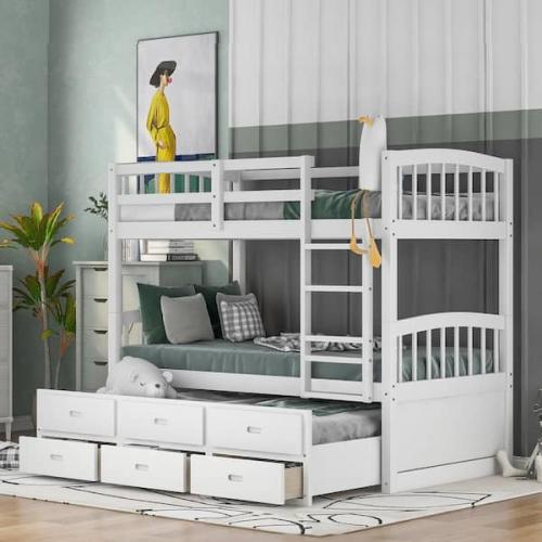 Phoenix NEW Harper & Bright Designs White Chamblee Twin over Twin Bunk Bed with Trundle and Drawers