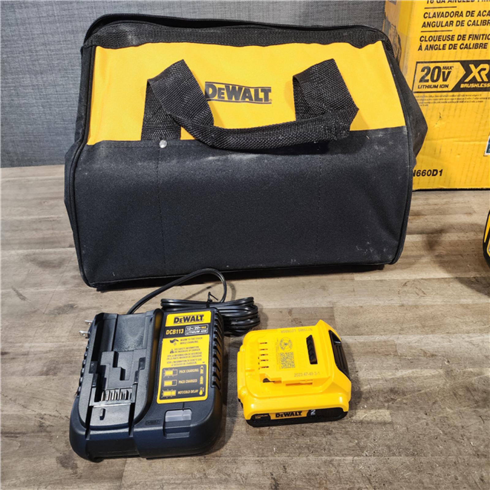 HOUSTON LOCATION - AS-IS DeWalt 20V 16 Gauge Cordless Angled Finish Nailer Kit W/ 2Ah Battery