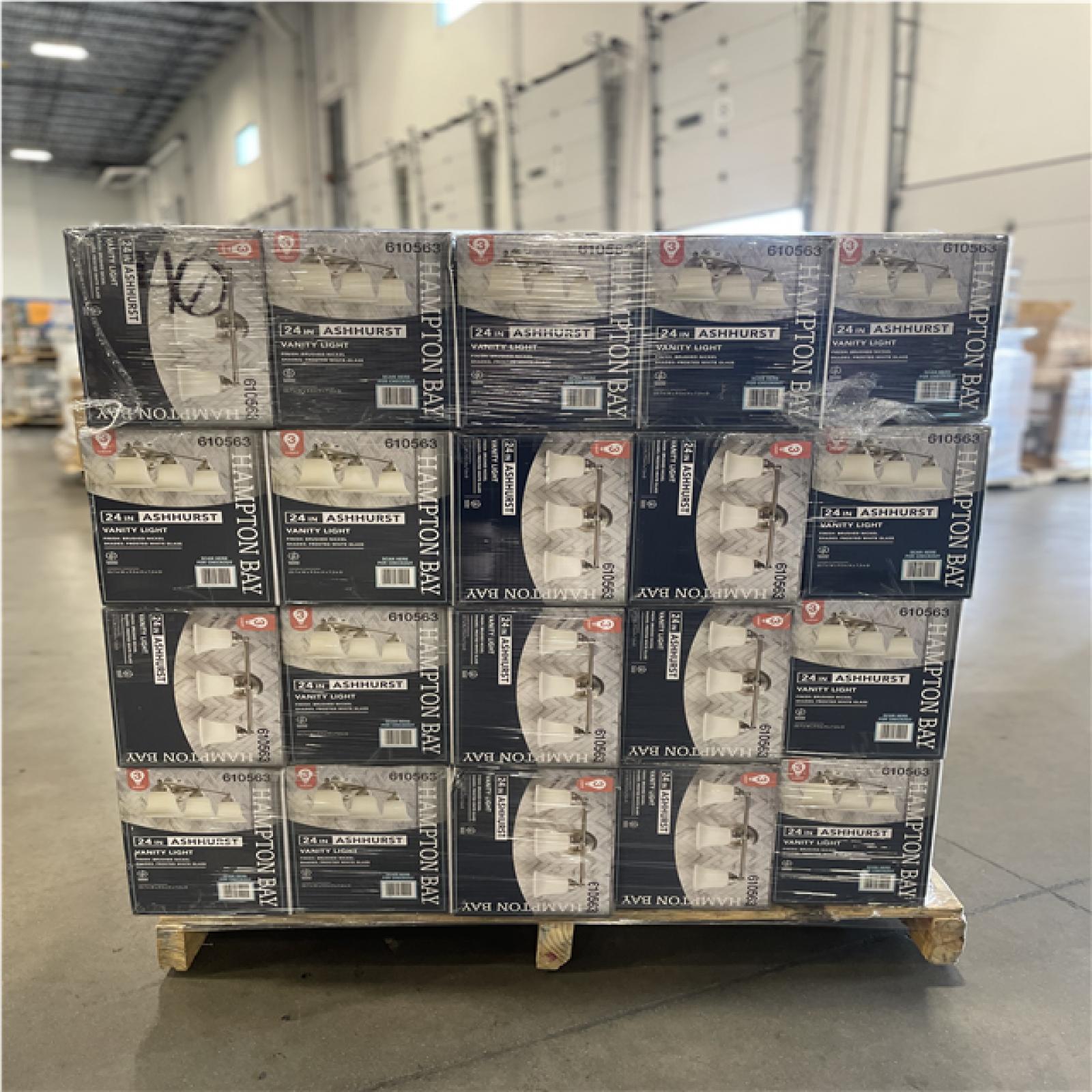 DALLAS LOCATION- AS-IS HAMPTON BAY Ashhurst 3-Light Brushed Nickel Bathroom Vanity Light w/ Frosted Glass Shades (40 UNITS)