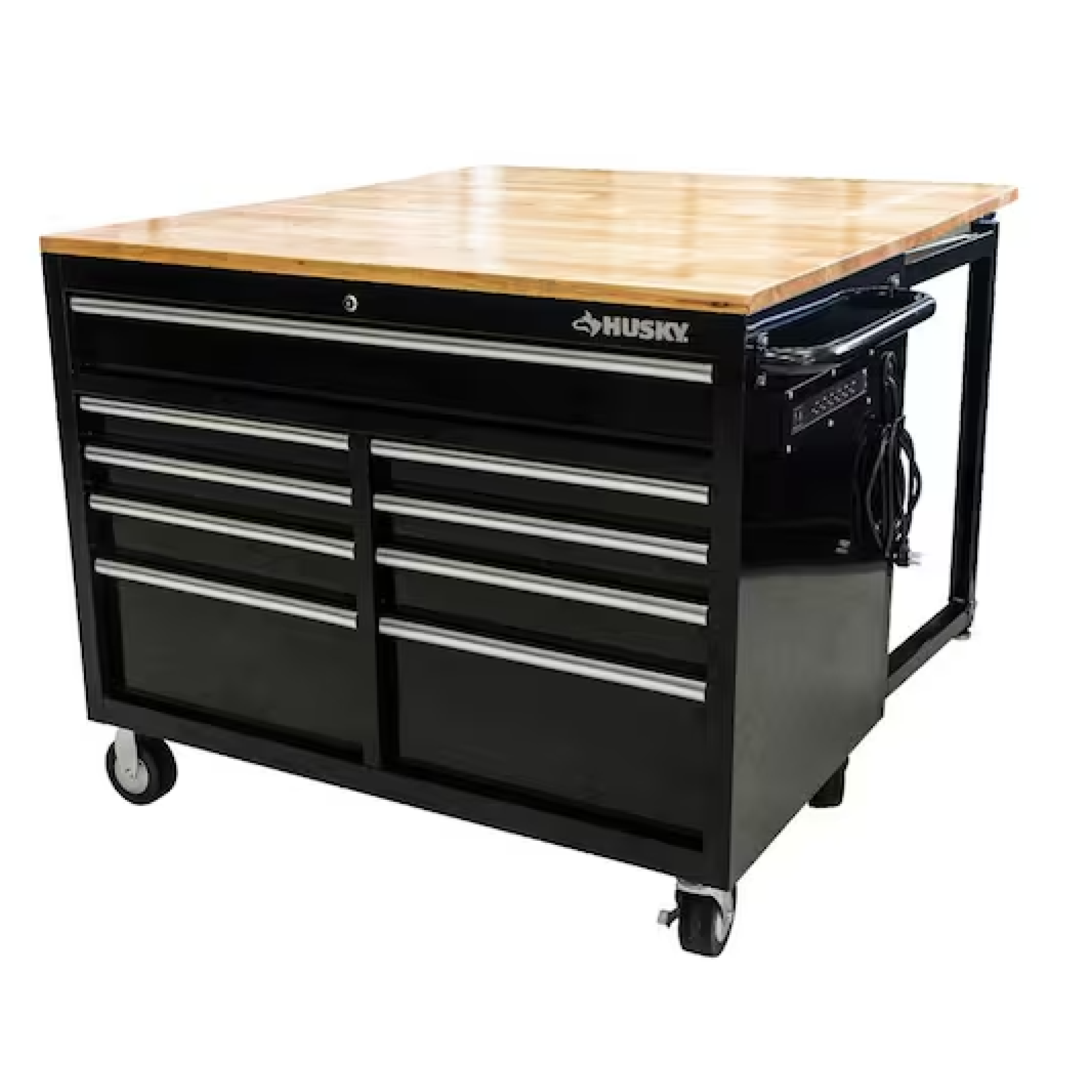 DALLAS LOCATION-  HUSKY 46 in. W x 51 in. D Mobile Workbench Cabinet  W/ Full Length Extension Table (GLOSS BLACK/WOOD TOP)