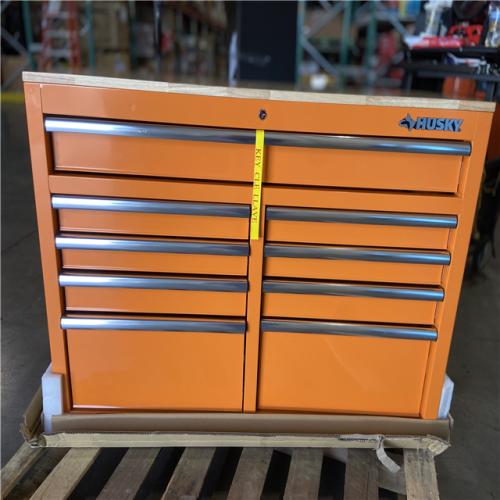 DALLAS LOCATION - Husky 46 in. W x 18 in. D 9-Drawer Gloss Orange Mobile Workbench Cabinet with Solid Wood Top
