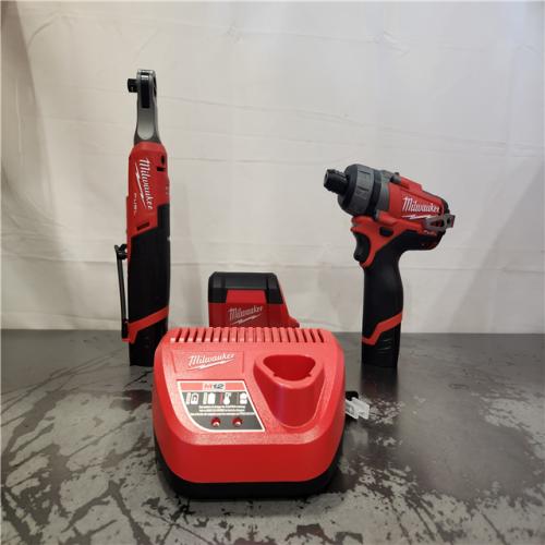 AS-IS- M12 12V Lithium-Ion Cordless Screwdriver  3/8 in. High Speed Ratchet  Light Combo Kit (3-Tool) W/ 2 Batteries & Charger
