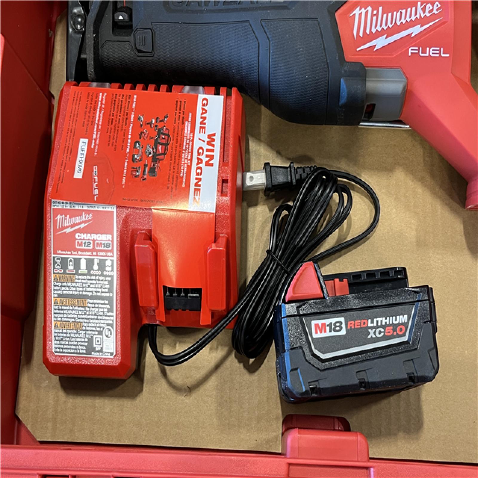 AS-IS MILWAUKEE M18 FUEL18V Lithium-Ion Brushless Cordless SAWZALL Reciprocating Saw with PACKOUT Tool-Box  (1) 5.0 Battery  and Charger