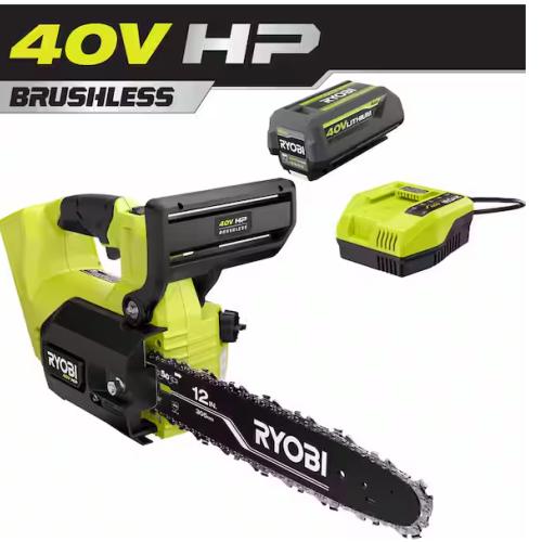 NEW! - RYOBI 40V HP Brushless 12 in. Top Handle Battery Chainsaw with 4.0 Battery and Charger