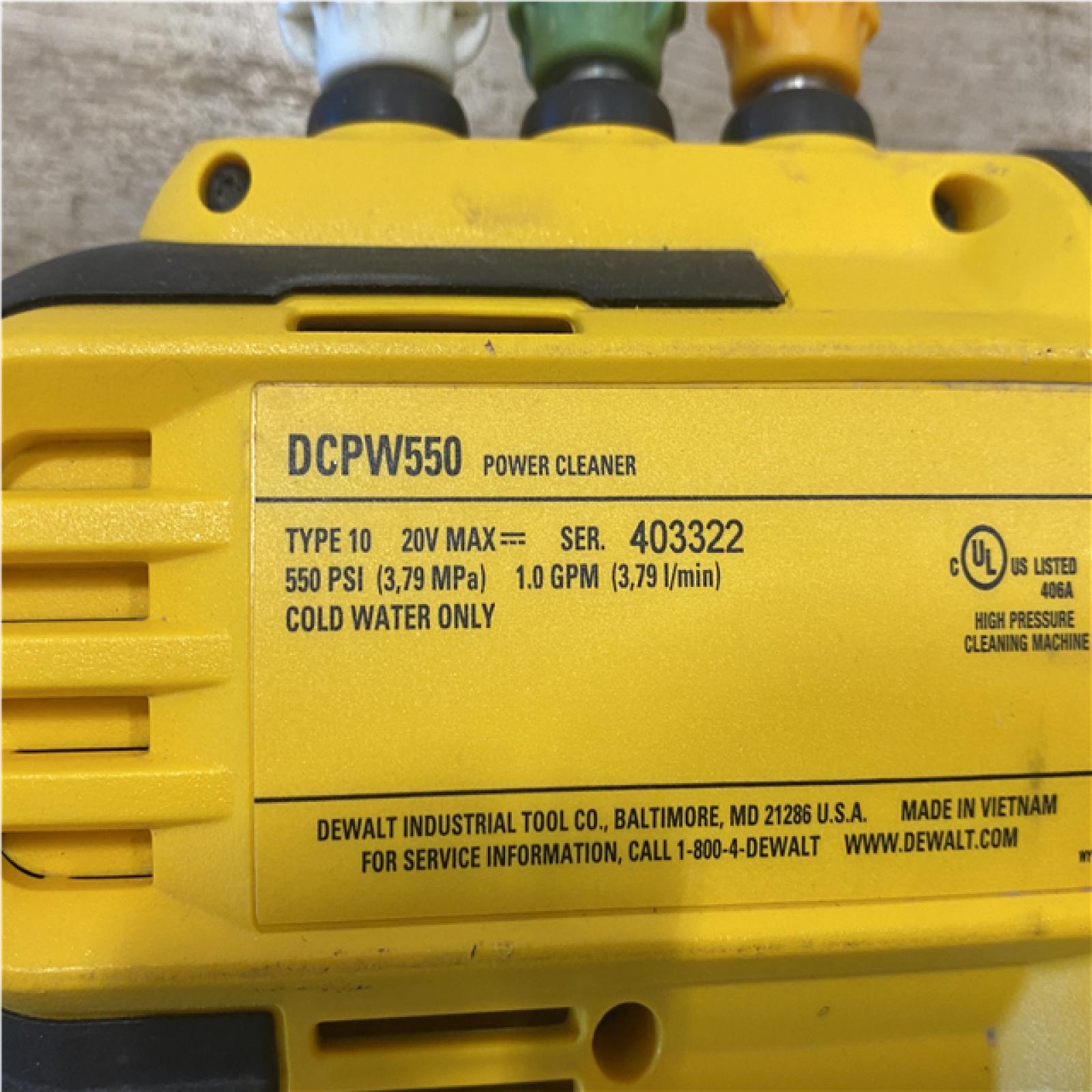 AS-IS DEWALT 20V MAX 550 PSI 1.0 GPM Cold Water Cordless Power Cleaner with 4-Nozzles (Tool Only)