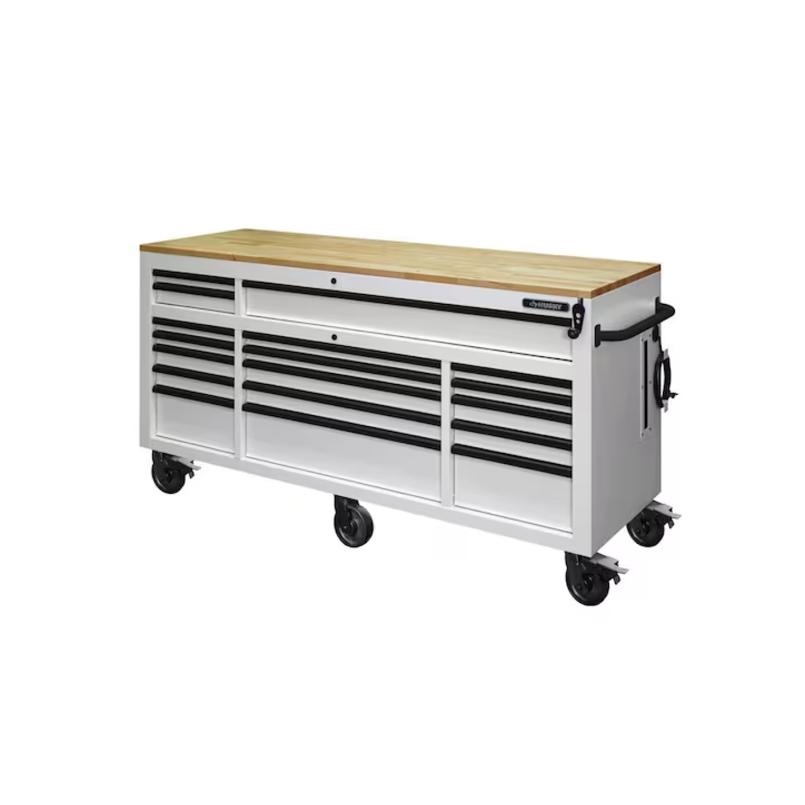 DALLAS LOCATION- AS-IS HUSKY Tool Storage 72 in.18-Drawer Heavy Duty Adjustable Height Mobile Workbench Cabinet in Matte White