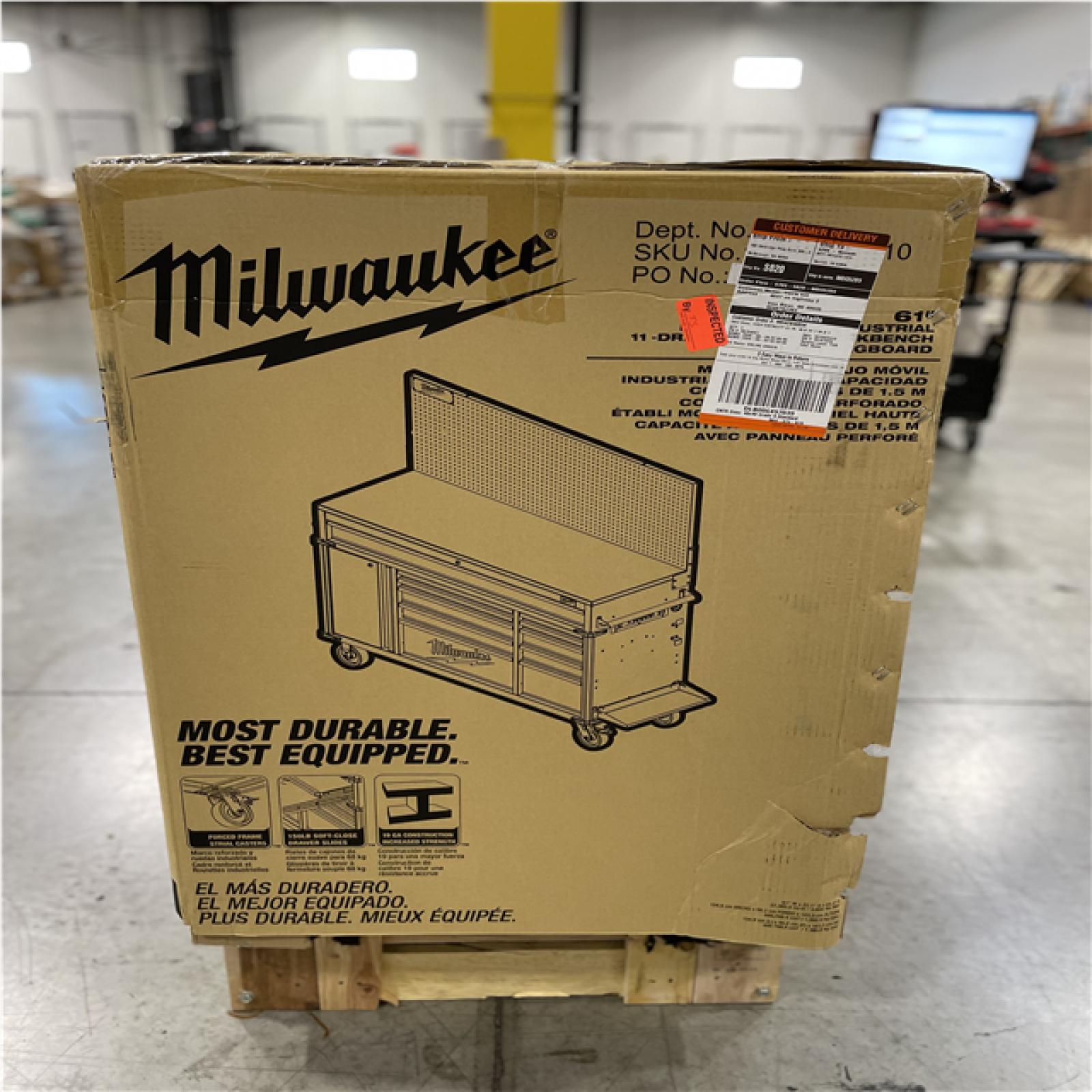 DALLAS LOCATION - MILWAUKEE 61 in. W x 22.1 in D 11-Drawer Mobile Workbench Cabinet W/ Wood Top and Pegboard