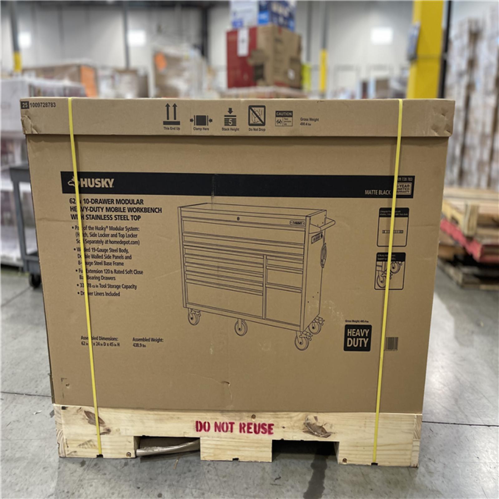 DALLAS LOCATION- Husky Modular Tool Storage 62 in. W X 24 in. D Heavy Duty Matte Black Mobile Workbench Cabinet with Stainless Steel Top