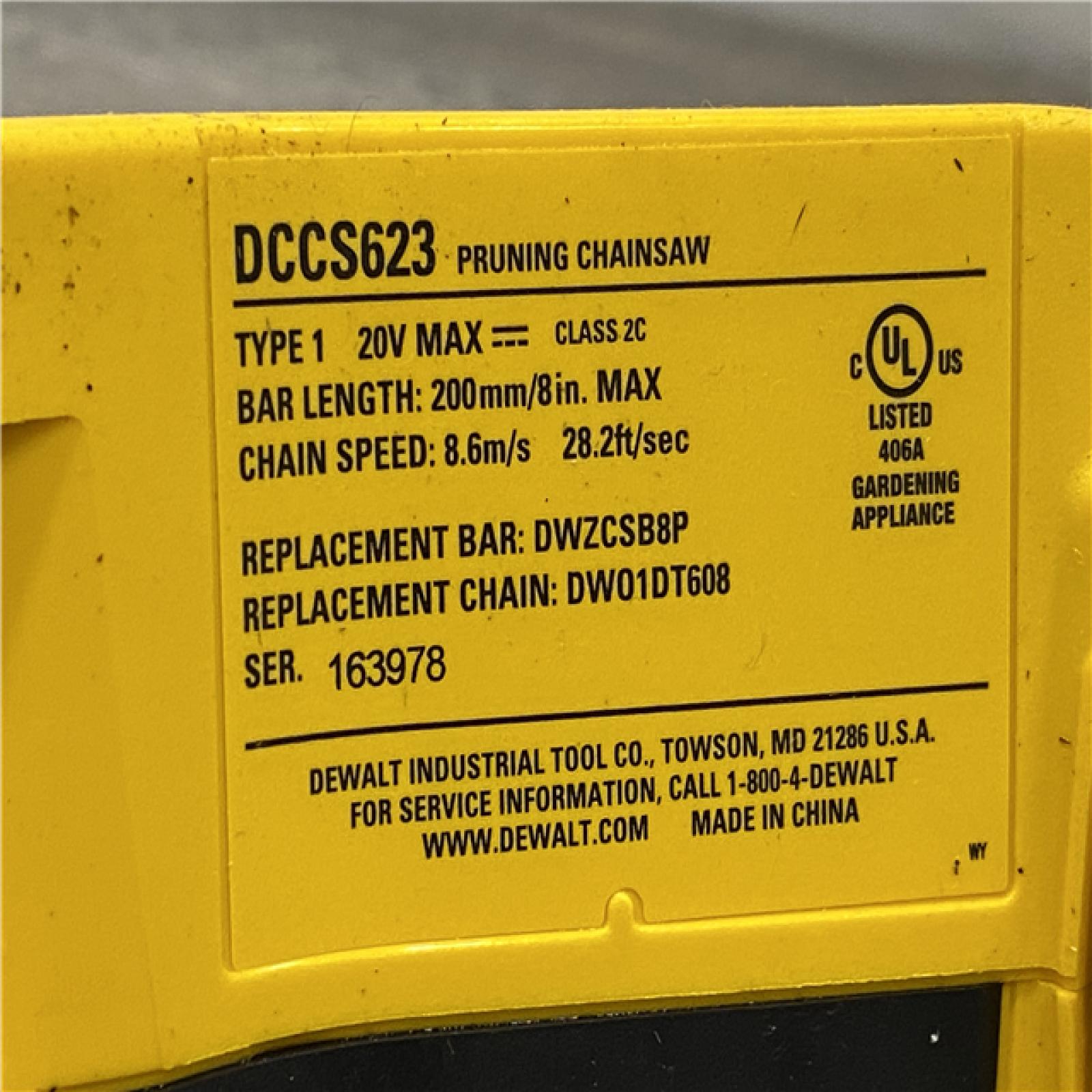 AS-IS DEWALT 20V MAX 8 in. Brushless Cordless Battery Powered Pruning Chainsaw (Tool Only)