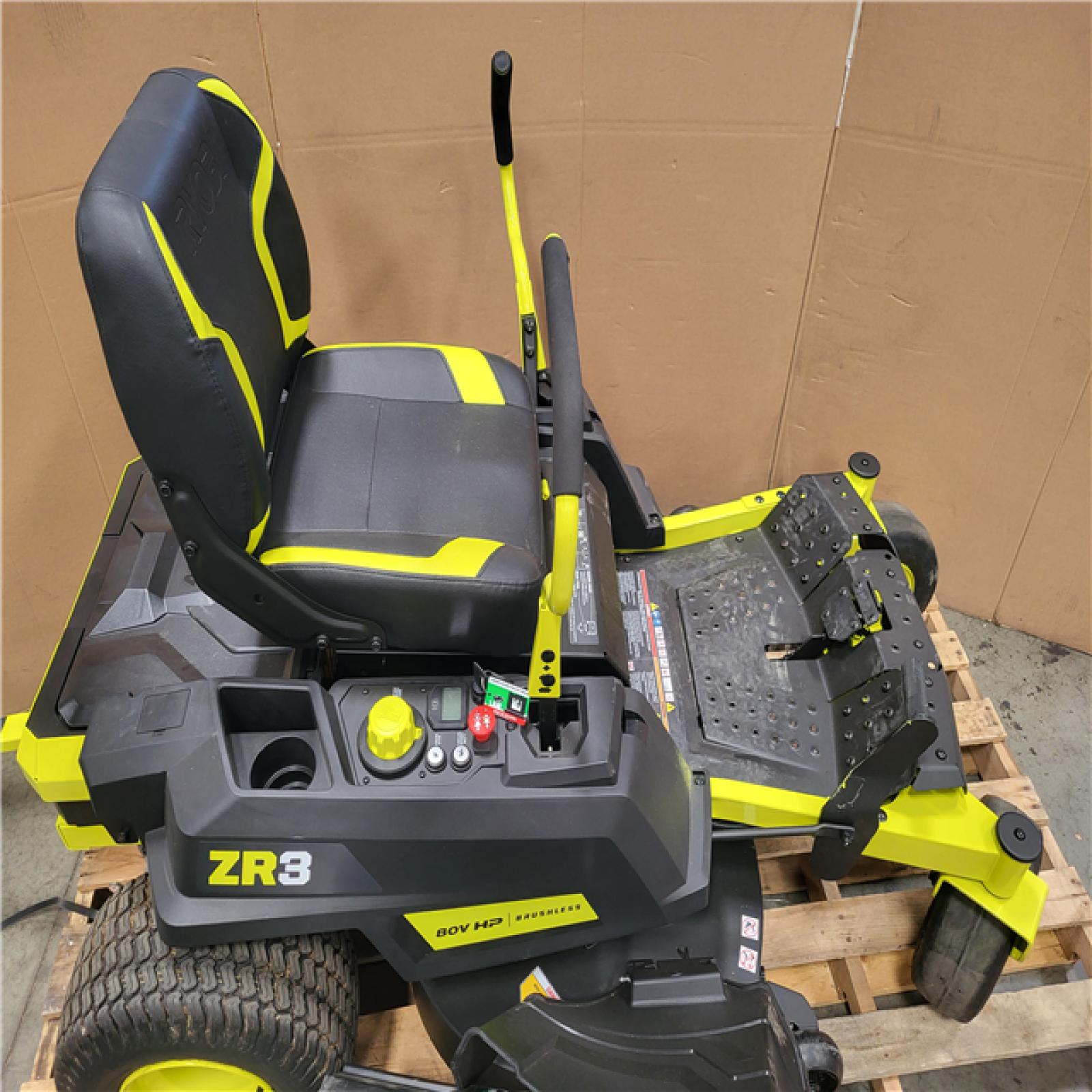 CALIFORNIA AS-IS RYOBI ZE3 80V HP BRUSHLESS BATTERY CORDLESS ELECTRIC 42 IN. ZERO TURN RIDING LAWN MOWER W TRAILER ATTACHMENT AND BAGGER