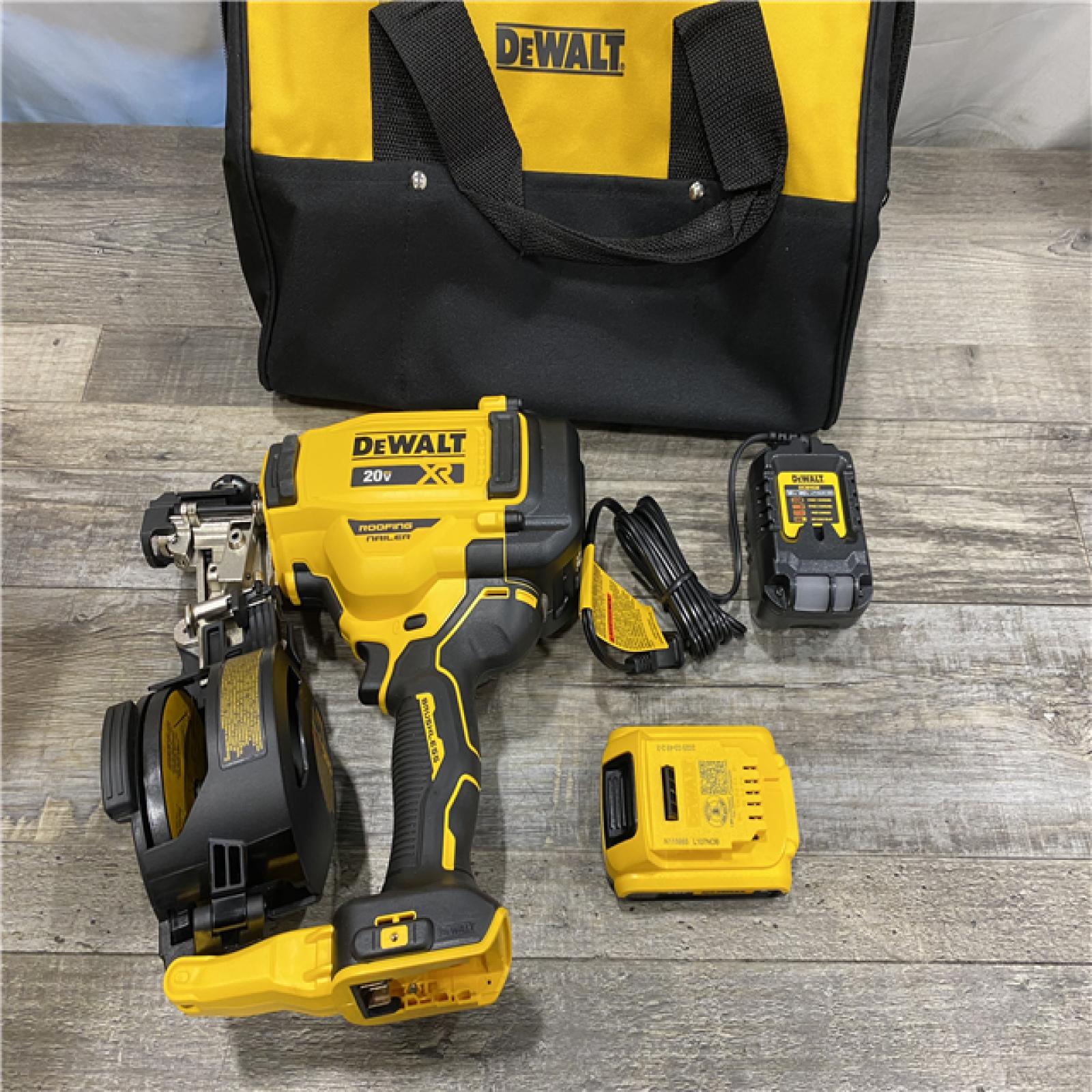 AS-IS DEWALT 20V MAX Lithium-Ion 15-Degree Electric Cordless Roofing Nailer Kit