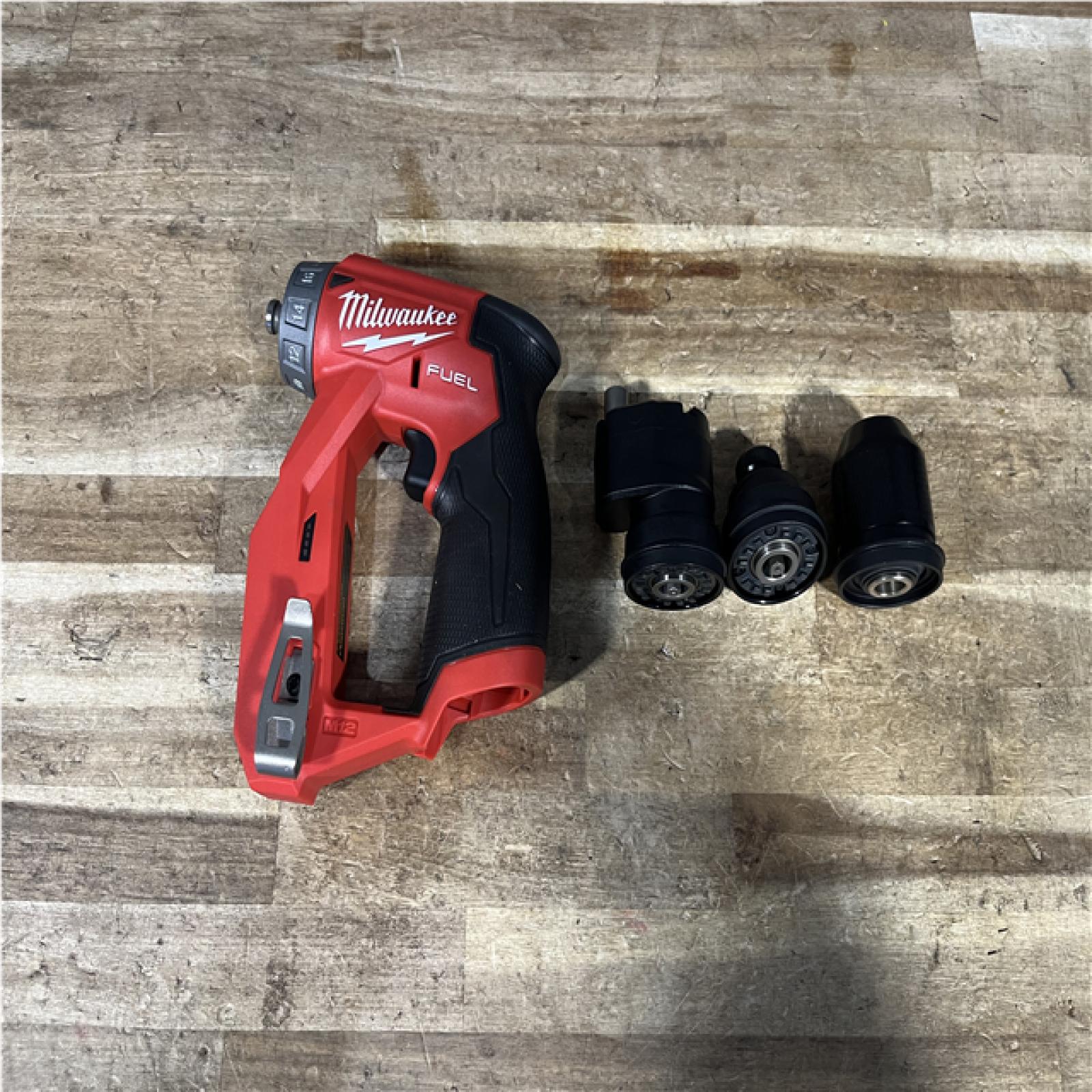 Houston Location AS-IS Milwaukee FUEL 12V Lithium-Ion Brushless Cordless 4-in-1 Installation 3/8 in. Drill Driver with 4 Tool Head (Tool-Only)