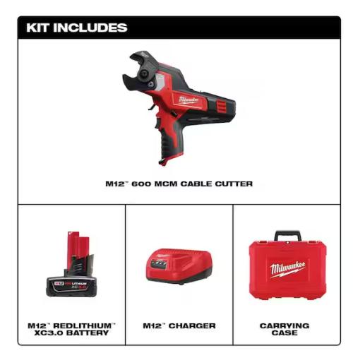 NEW! - Milwaukee M12 12V Lithium-Ion Cordless 600 MCM Cable Cutter Kit with One 3.0Ah Battery  Charger and Hard Case