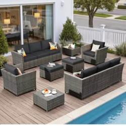 Jasmine Springtown-12-Piece Wicker Outdoor Sectional Set with Black Cushions-New in Box!!