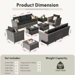 Jasmine Springtown-12-Piece Wicker Outdoor Sectional Set with Black Cushions-New in Box!!